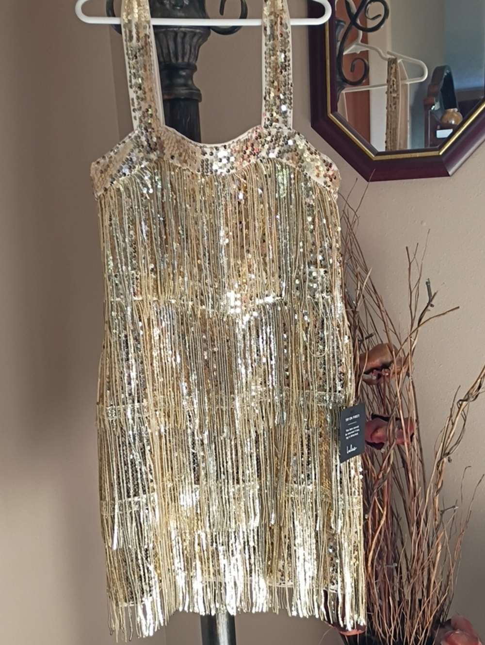 NWT Lulu's Gold Sequin Fringe Party Dress